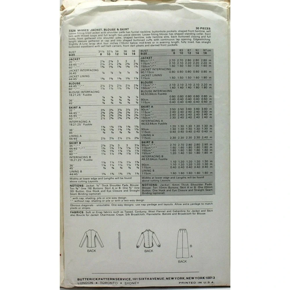 Butterick‎ Sewing Pattern 3326 Jacket Blouse Skirt Misses Size 8 Evan Picone